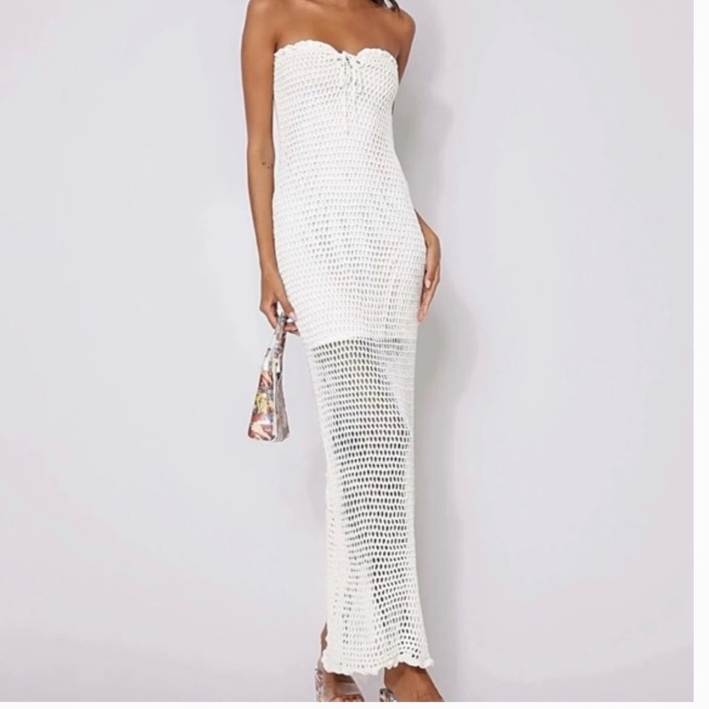 Tiger Mist White Strapless Crochet Maxi Dress